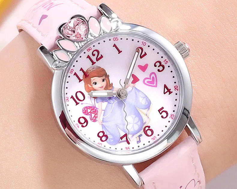 Disney бренд дети девушка наручные часы кварцевые кожа непромокаемые детские мультфильм аниме розовый красный