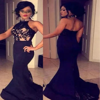 

Halter Black Evening Dress Backless Mermaid Prom Dresses With Lace Plus Size Elegant Women Formal Party Dresses bustier evening