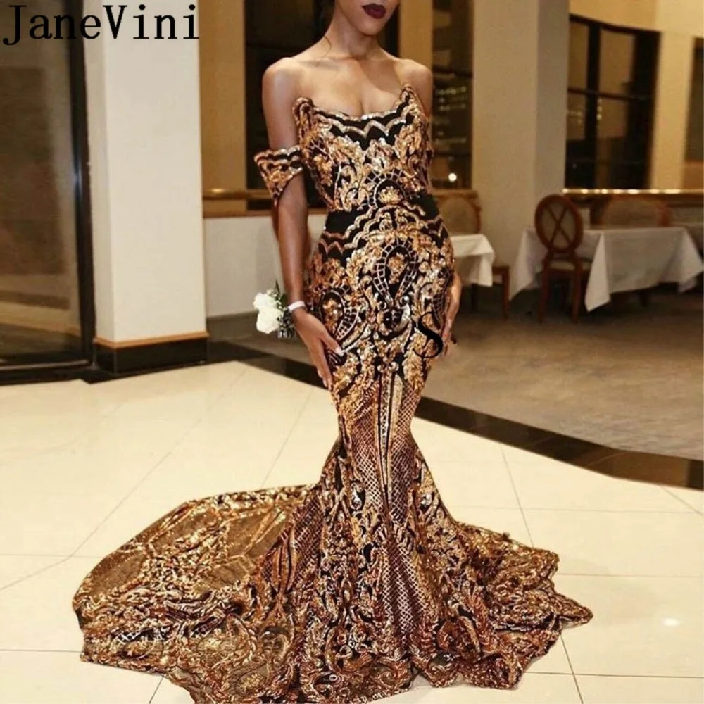 

JaneVini African Black and Gold Mermaid Prom Dresses 2019 Long Off Shoulder Women Sequined Evening Gowns vestido baile gala 2020