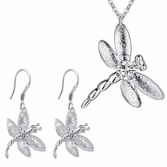 

SMTCAT Lose money silver cute Jewelry sets Necklace Earrings Dragonfly 18inch Women children cz stone shining jewelry 925