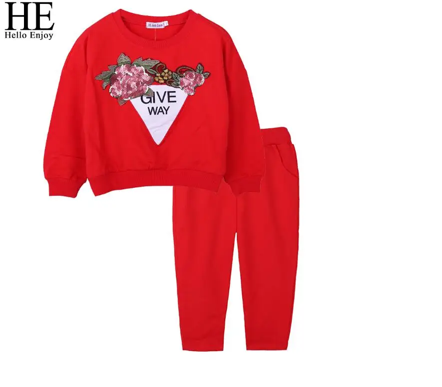 HE Hello Enjoy/комплекты одежды для девочек детский осенний шерстяной свитер с длинными рукавами и вышитыми розами и пайетками детский спортивный костюм - Цвет: LY354 red