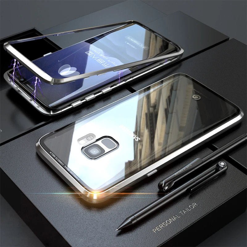 Роскошный Магнитный чехол для samsung Galaxy S9 Plus S8 Note 8 9, стеклянная крышка, чехол для samsung S9 Plus, чехол s для samsung Note 9, чехол - Цвет: Full Silver