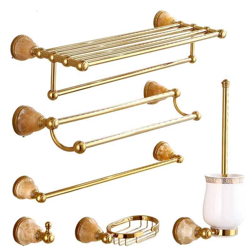 

Luxury Gold Bathroom Hardware Set Jade Bathroom Accessory Towel Rack Soap Dish Gold Towel Ring Tissue Holder Copper Bathroom Set