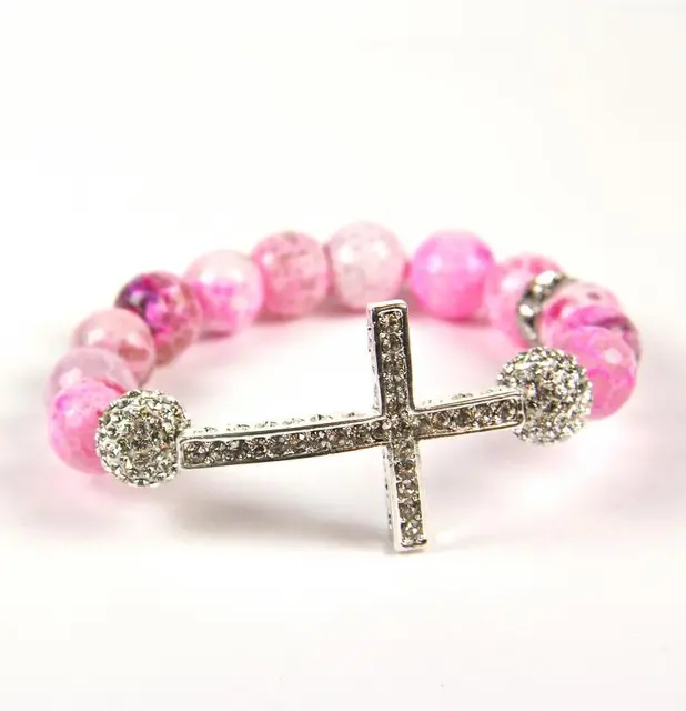 New Crystal Sideways Pink Agate Beads Bracelets Bling Side Ways New Crystal Sideways Pink Agate Beads Bracelets Bling Side Ways Cross Bracelet Faster Shipping 10pcs Lot