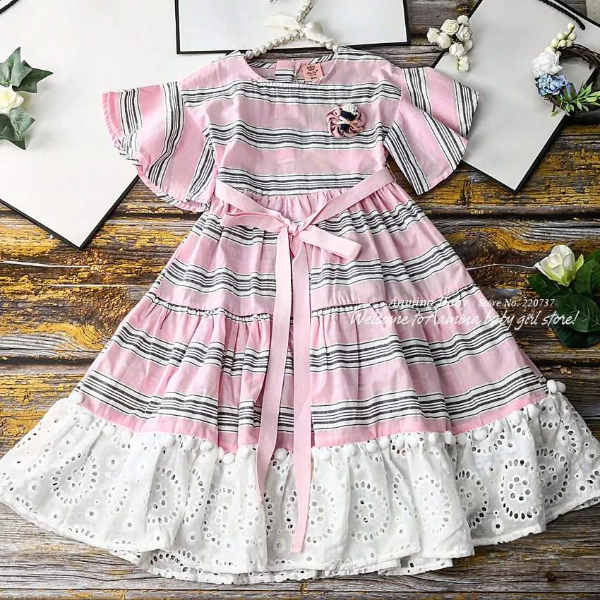 

6650 New Maxi Striped Print Lace Brand Princess Baby Girl Dress Summer Fall Party Kid Dress For Girl Wholesale Baby Girl Clothes