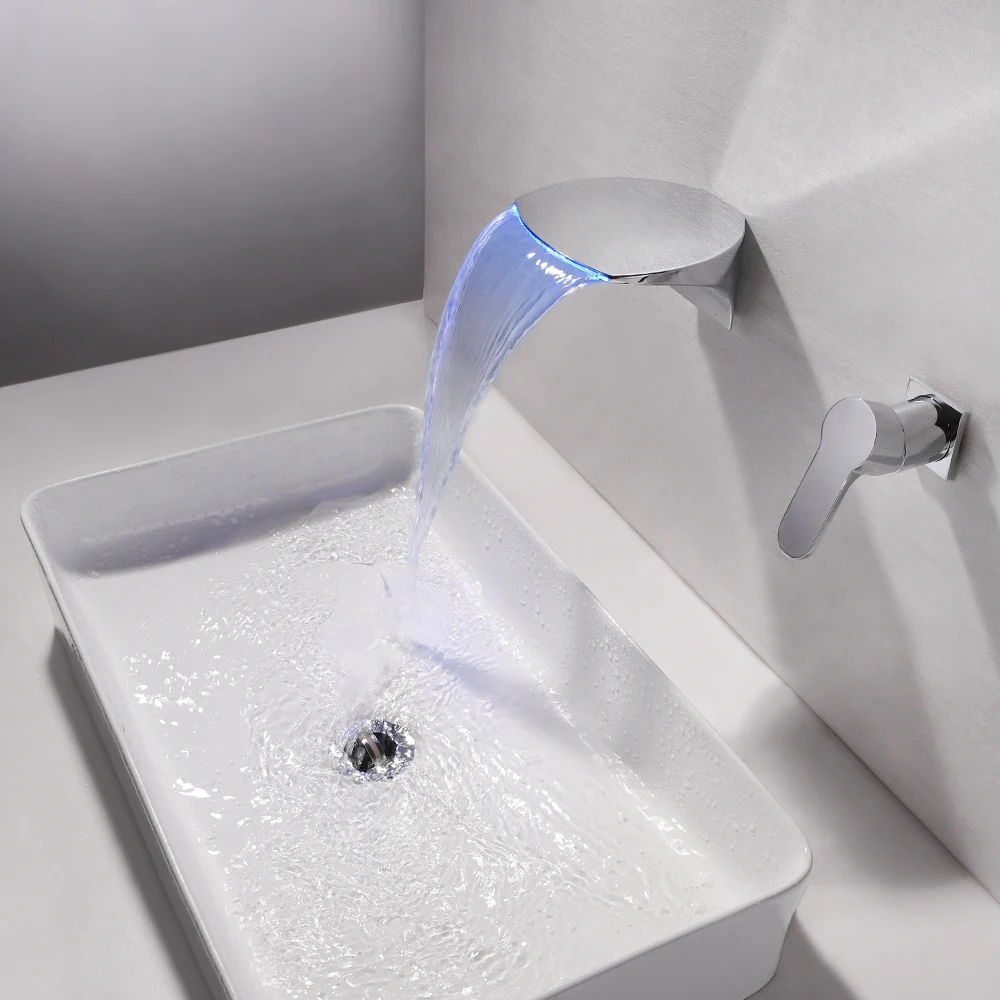 

Modern LED Waterfall Wall Mounted Widespread Bathroom Sink Faucet in Chrome