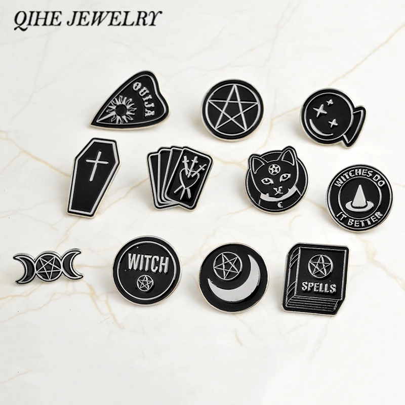 

Ouija witch triple moon dagger heart crystal ball spells witches do it better coffin Pin Enamel lapel pin Badge Witch banner