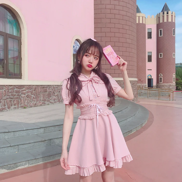

Bobon21 Princess sweet lolita dress sweet girl fake two pieces of stitching bow tie dress Japanese high waistline women D1609