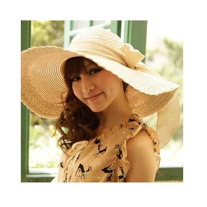 

Straw hat sun-shading for women summer wide brim beach caps with bowknot ribbon floppy foldable for ladies