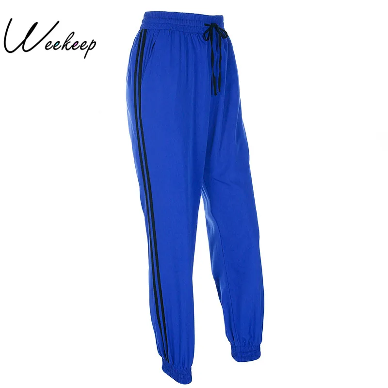 

Weekeep 2017 Autumn Black Ribbon Side Blue Pencil Pants Women Loose Casual Drawstring Pocket Sporting Trousers Femme Pantalon