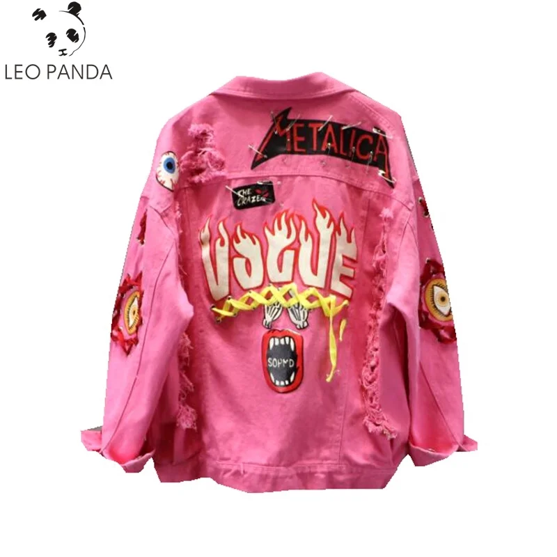 

2019 Spring Autumn Women Graffiti Alphabet Printing Lace Bow Pin Hole Denim Jacket Student Basic Coat Red / Yellow Jeans Jacket