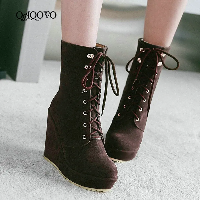 

Women Boots Wedges High Heel Platform Ankle Boots Faux Suede Lace Up Martin Boots Autumn Winter Fashion Women Shoes Black Brown
