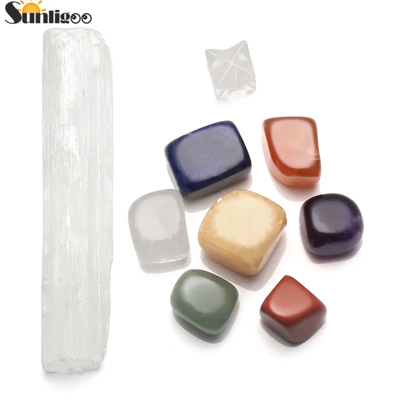 

New Sunligoo Healing Crystal Kit 7 Tumbled Stones&Selenite Stick&Merkaba Star Crystal Meditation Set for Protection Energy Reiki