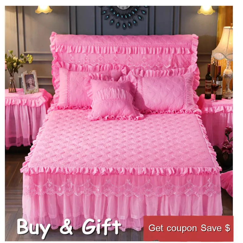 3pcs quilted padded lace bedskirt set quality thickend lace sheet and pillowcases Princess bed