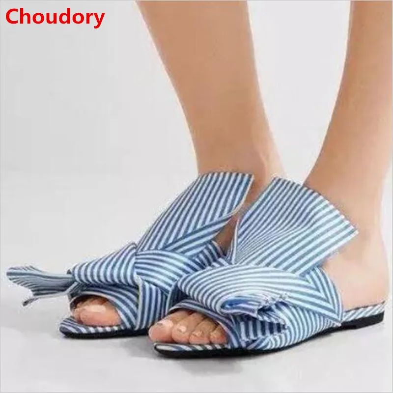 Choudory Fashion Women Striped Slippers Flat Heel Bowtie Sandals Summer Shoes Woman Sandale Femme 2017 Silk Designer Slides