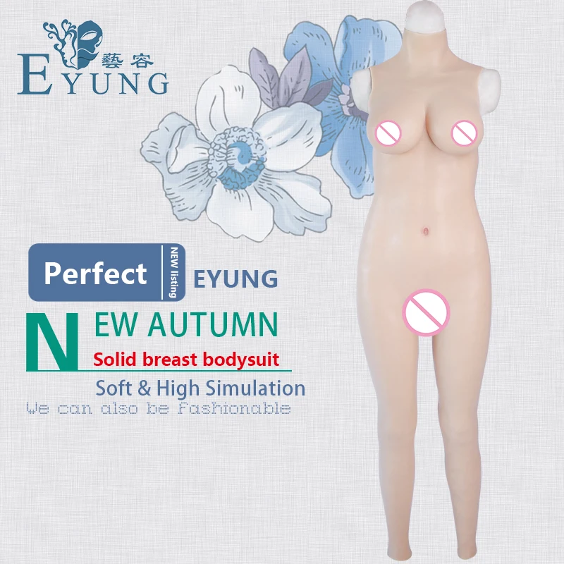 EYUNG 70D cup solid breast form bodysuit top realistic crossdress silicone boobs tight dress Zentai suit male to female shemale form fitted solid cami dress