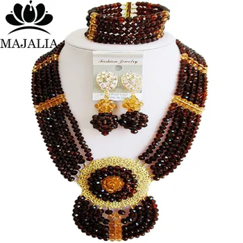 

Majalia Fashion Nigeria Wedding African Beads Jewelry Set Brown and Gold champagne Crystal Necklace Bridal Jewelry Sets 6DN024