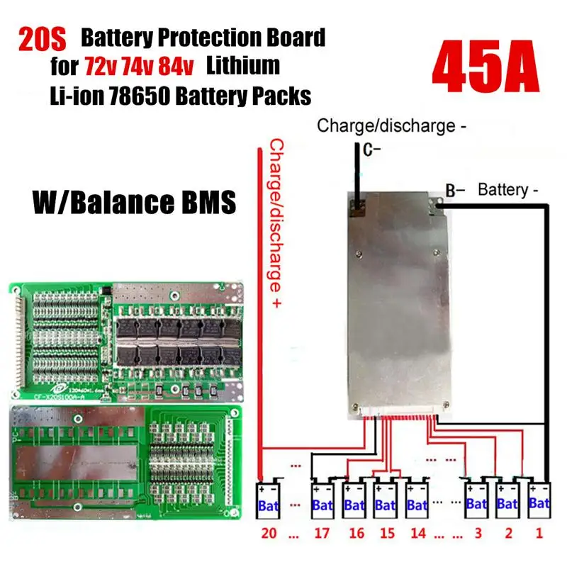 72V 20S 45A литий-ионный аккумулятор для 18650 Батарея Bms Pcb плата с защитой Доски для балансирования модуль для электрических мотоциклов для е-байка