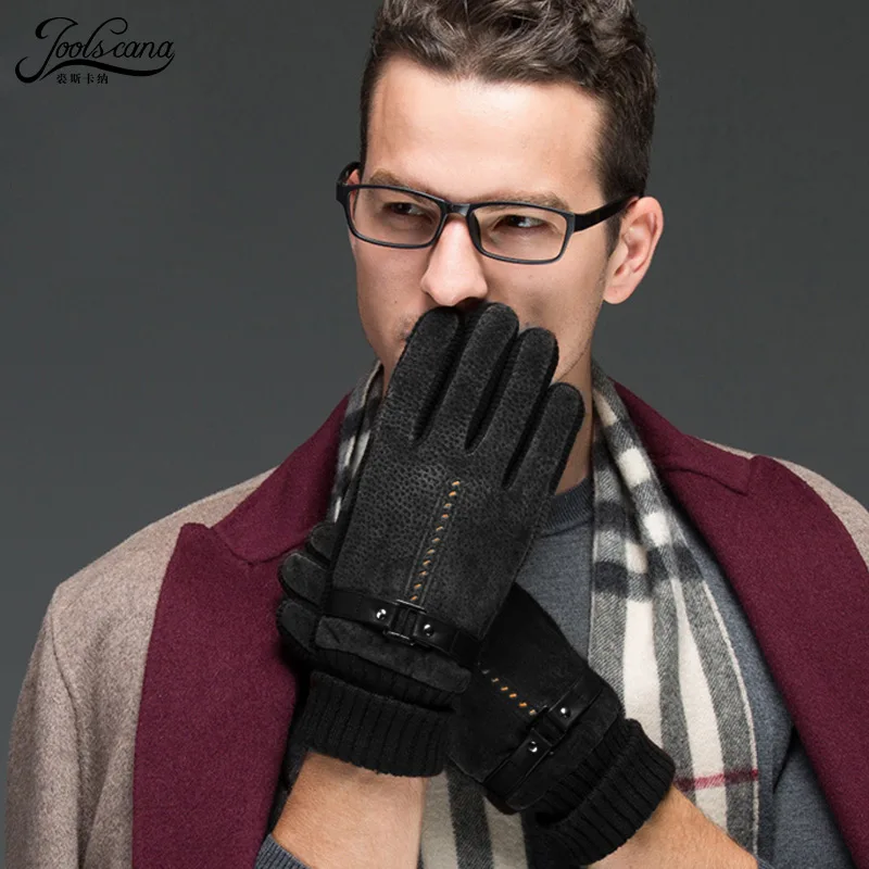 Joolscana зимние перчатки мужские кожаные перчатки для вождения тактические теплые Нескользящие черные коричневые варежки модные теплые - Цвет: black