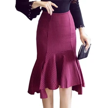 Осенне-зимняя новая полосатая модная женская юбка с оборками, высокая талия, тонкая сексуальная Офисная Женская юбка с русалочкой, Юбка-миди