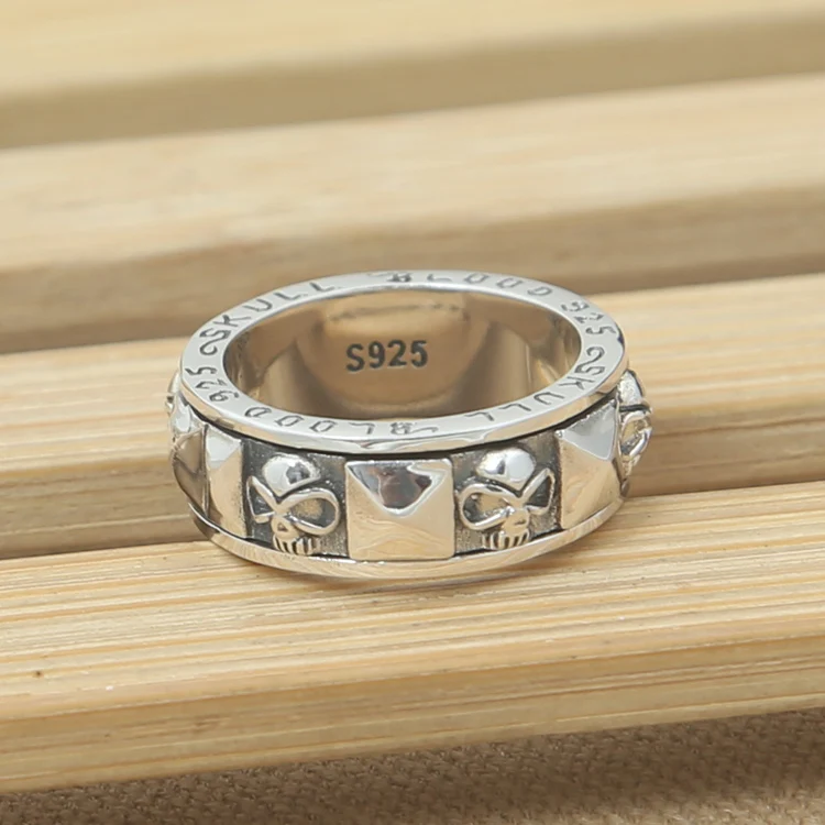 Handmade 925 Silver Skull Ring Vintage sterling silver Skeleton turning ring good luck Skull Spinning ring