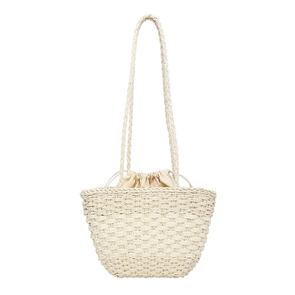 

Straw Woven Beach Bag Summer Shoulder Bag Women Drawstring Straw Woven Handmade Bags Solid Color Casual Hollow Handbags #15