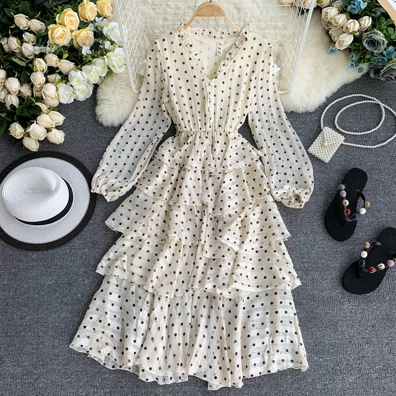 

Vintage Women Long Sleeve Long Dot Dresses Lady Retro Dot Print Chiffon Dresses Woman Long Sleeve Ruffles Chiffon Dress
