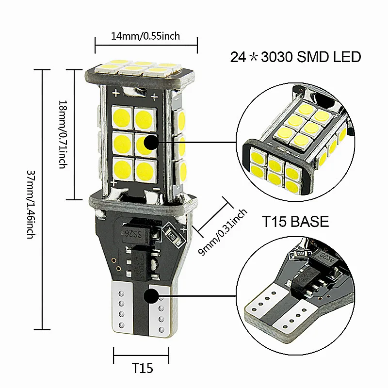 2pcs �ſ� ���� canbus ���� ���� t15 w16w 921 912 24smd 3030 Ĩ�� led ���� ��� ������ ���� ȭ��Ʈ 6000 k