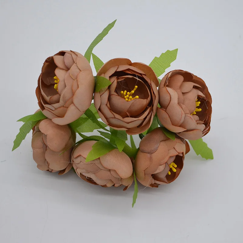 6 шт., 5 см, бутон чайной розы, искусственные шелковые цветы для свадьбы, украшения дома, скрапбукинг, товары для рукоделия - Цвет: coffee