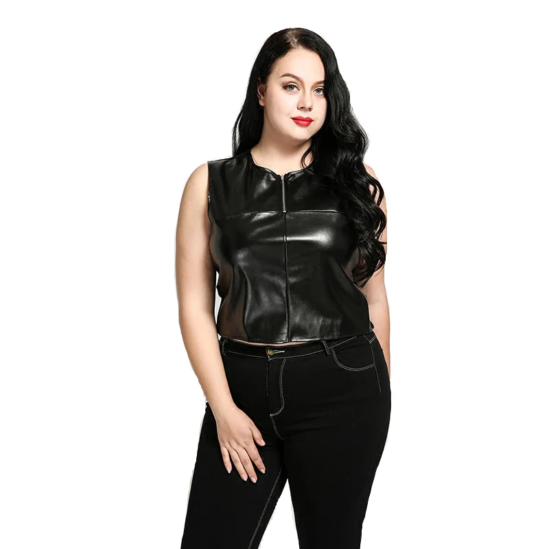 Hot sale women plus size loose vest fashion street wind PU leather sleeveless short pullovers ...