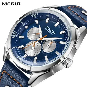 

MEGIR Men Fashion Quartz Wrist Watch 24-hour Week Calendar Dial Display Top Brand Luxury Watches Men Leather Band Luminous Clock