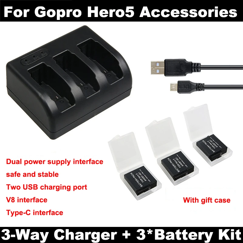 

AHDBT-501 battery Go pro hero 7 Hero 6 Hero5 + Hero 5 Bateria 3-Way with Type C Port Charger For GoPro 5 hero6 7 Hero5 Camera
