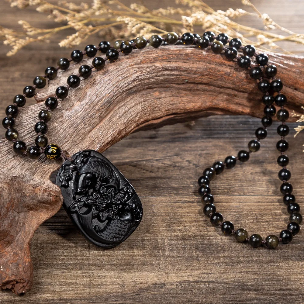 

Koi Fish Lotus Good Lucky Wealthy Symbol Obsidian Carved Pendant Necklace Business Gifts