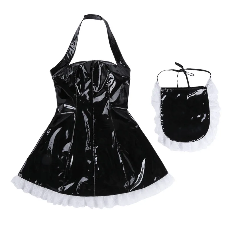 Black Женский костюм горничной из лакированной кожи, 3 предмета, костюм для ролевых игр, костюм для косплея, костюм для костюмированной вечеринки, платье на бретельках с фартуком+ кольцо на шею - Цвет: Black