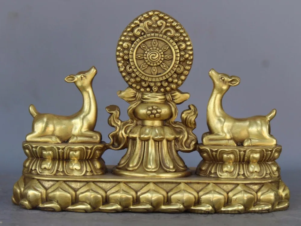 Chinese Fengshui Brass 2 Lovely Deer copper wheel lucky to ward off