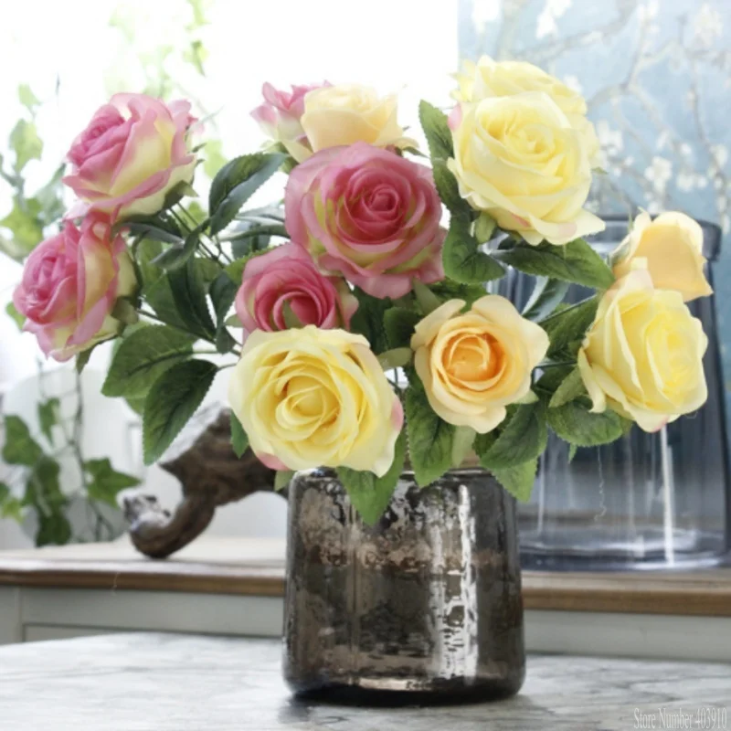 Высокое качество, 7 голов, шелковая Красивая красочная роза с яркими листьями, набор для домашнего стола, офиса, отеля, украшение для свадебных цветов