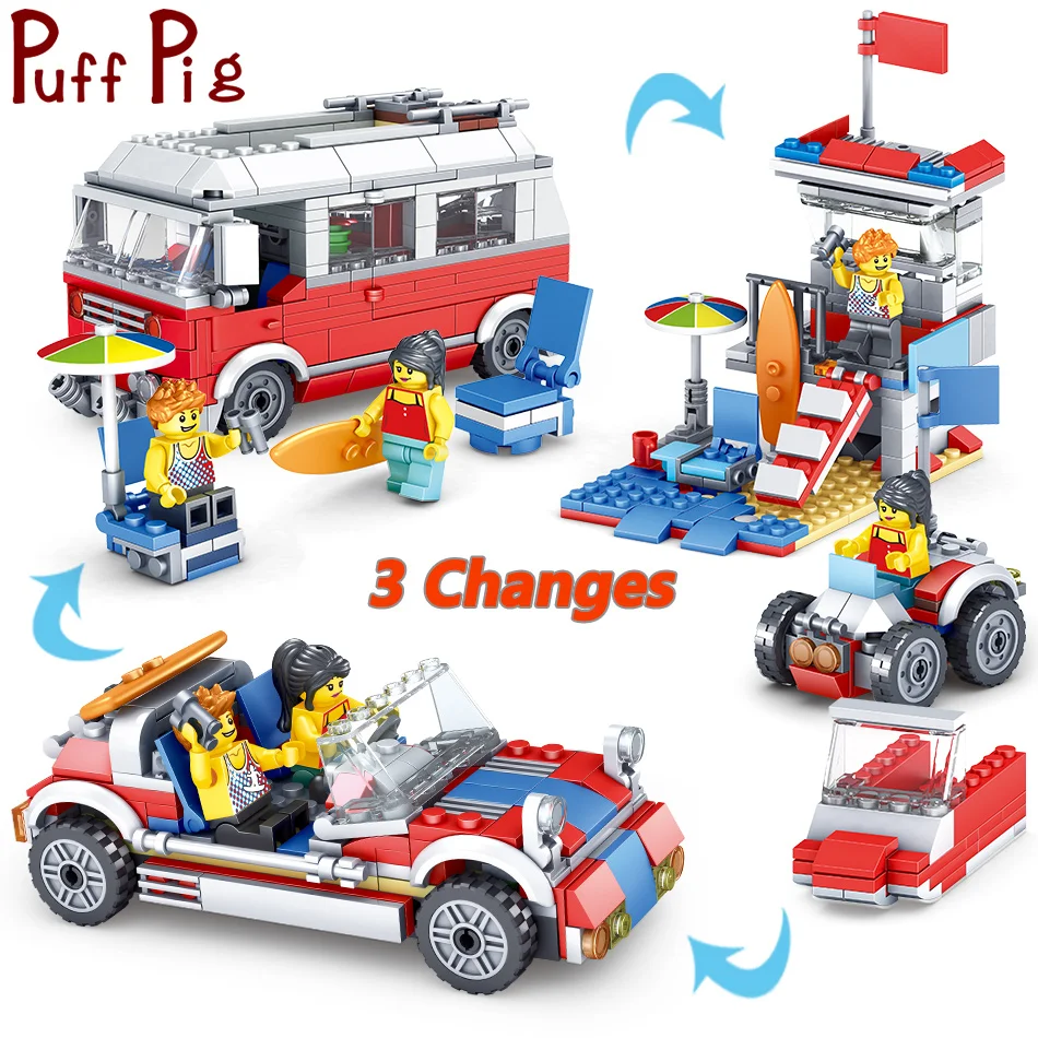 

Puff Pig 374PCS Seaside Bus Racing Cars Bricks For Girls legorreta Friends Camper Figures Building Blocks Boys Toys For Kids