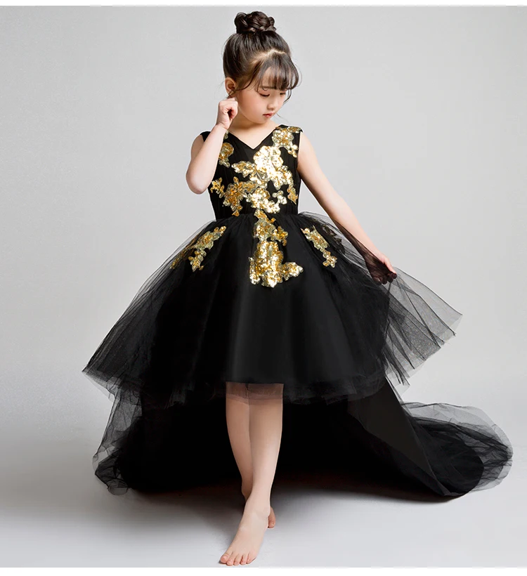 Пышные платья для девочек; детское черное бальное платье; Платья с цветочным узором для девочек; коллекция года; торжественное вечернее платье для маленьких детей