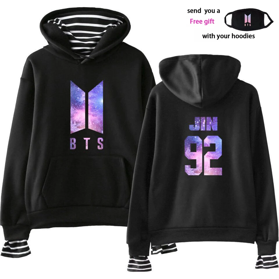 BTS печатных поддельные из двух частей толстовки для женщин 2019, Новая мода с длинным рукавом BTS толстовки капюшоном повседневное Лидер продаж