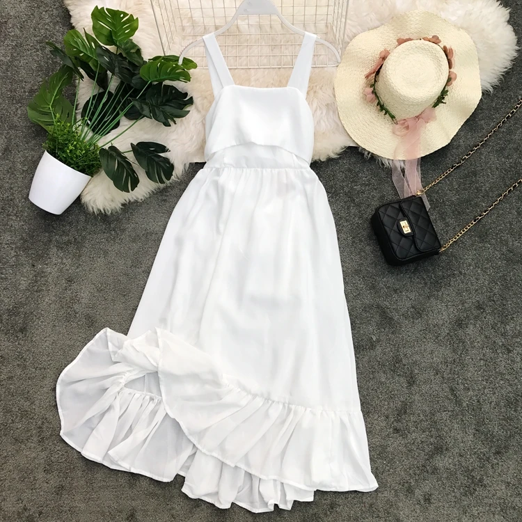 

Women Seaside Holiday Butterfly Knot Beach White Casual Dress Lady Sleeveless Sexy Elegant Vestidos F343