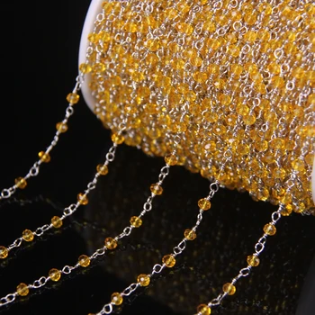 

5meter,Yellow Glass Rosary Chain,Crystal Faceted Rondelle Link Silver Color Brass Wire Wrapped Chain,DIY Necklace Jewelry Crafts