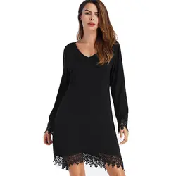 2018 г. модные черные кружева женское платье одноцветное летнее платье Женский V шеи с длинным рукавом Повседневное лоскутное мини