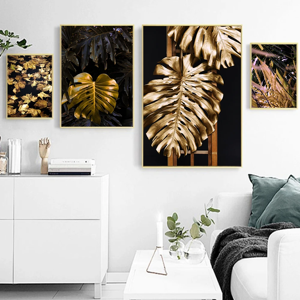 

Cuadros Decoration Gold Monstera Wall Art On Canvas Painting Palm Tree Posters And Prints Modern Wall Pictures For Living Room