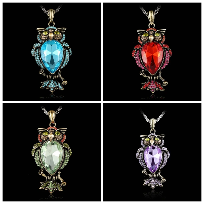 

Rinhoo Vintage necklace Women Jewelry Owl Necklace Gothic Big Crystal Antique Animal Necklace Pendant Long Necklace