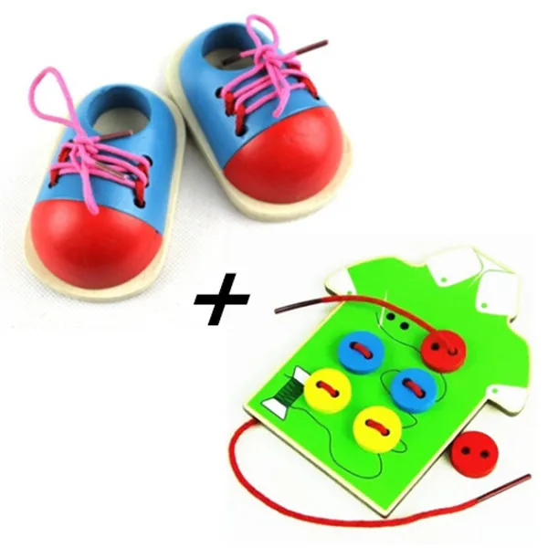 3Pcs/set Baby Toys Early Learning Set Wooden Toys Lace Up Shoes/Wear The Button Montessori Blocks Beads Child Birthday Gift
