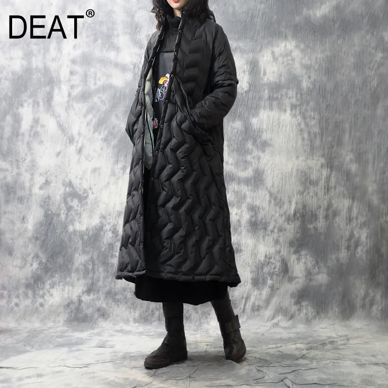

[DEAT] 2019 Spring Woman New Solid Black Long Sleeve Pockets Single Breasted Long Loose Thick Cotton-padded Coat LE057