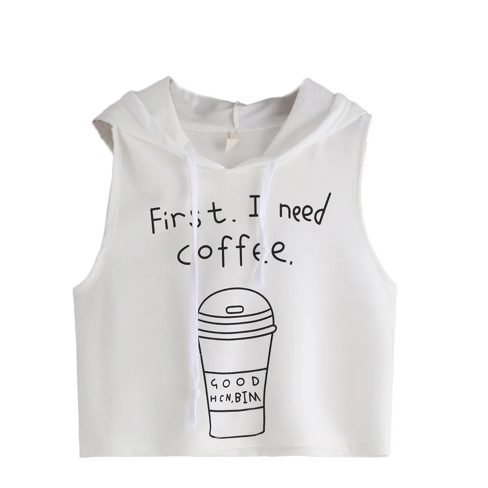 

2018 Summer New Feitong Women Black White Coffee Print Casual Tank Tops Hooded Crop Top Sexy slim sleeveless vest #0612