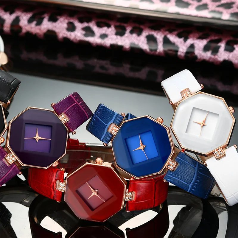 

Luxury Women Watches Gem Cut Geometry Crystal Leather Quartz Wristwatch Fashion Dress Watch Ladies Gifts Clock Relogio Feminino