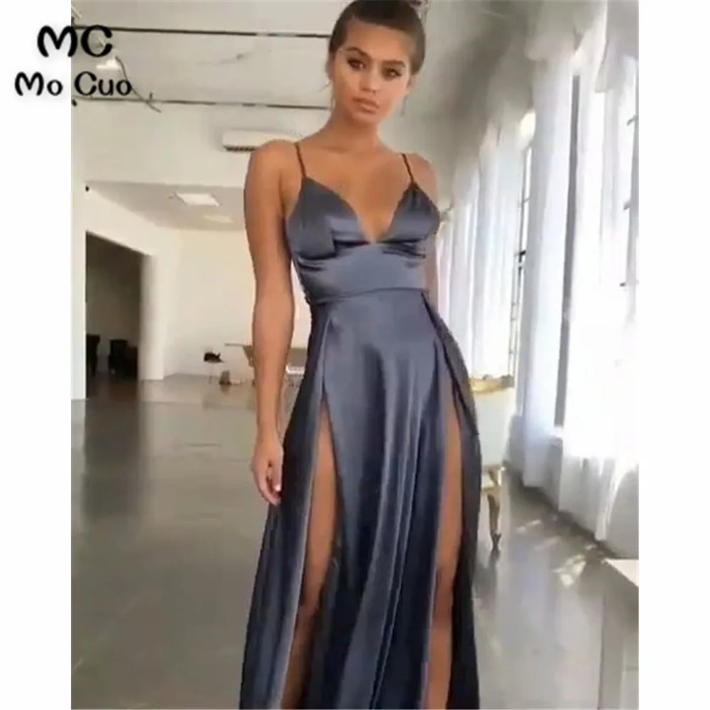 

In Stock Evening Dresses Long Prom Gown with Wholesale Price Spaghetti Straps Front Slit Formal Evening Party Dress for Women