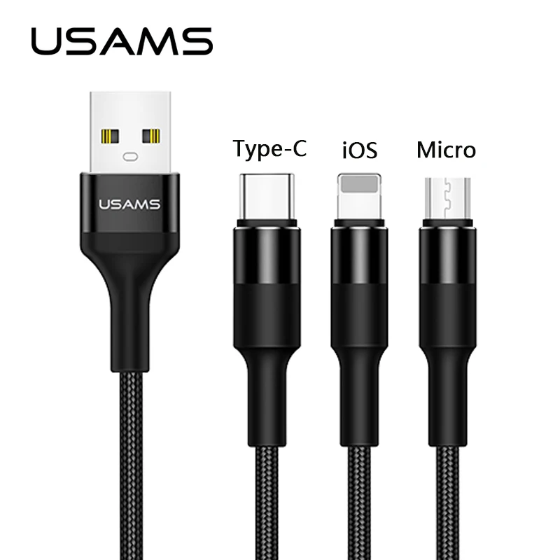 USAMS 3 в 1 кабель для передачи данных мобильного телефона Type C Micro USB iPhone X 8 7 6 iPad